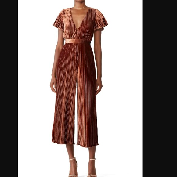 MINKPINK Lex Pleated Velvet Jumpsuit Party Bronze Holiday Wide Leg Sz Med - Picture 13 of 13